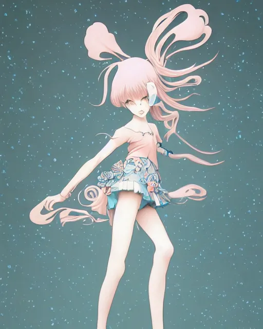 Image similar to james jean isolated vinyl figure harajuku anime character design, figure photography, dynamic pose, holographic undertones, glitter accents on figure, anime stylized, accurate fictional proportions, high delicate defined details, ethereal lighting