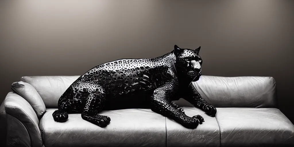 Image similar to the smooth black jaguar, made of ferrofluid, laying on the couch in the living room after bathing in the ferrofluid. photography, dslr, rimlight, wrinkles, reflections, black goo