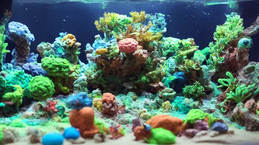 Image similar to an alien world contained in an aquarium made of plasticine