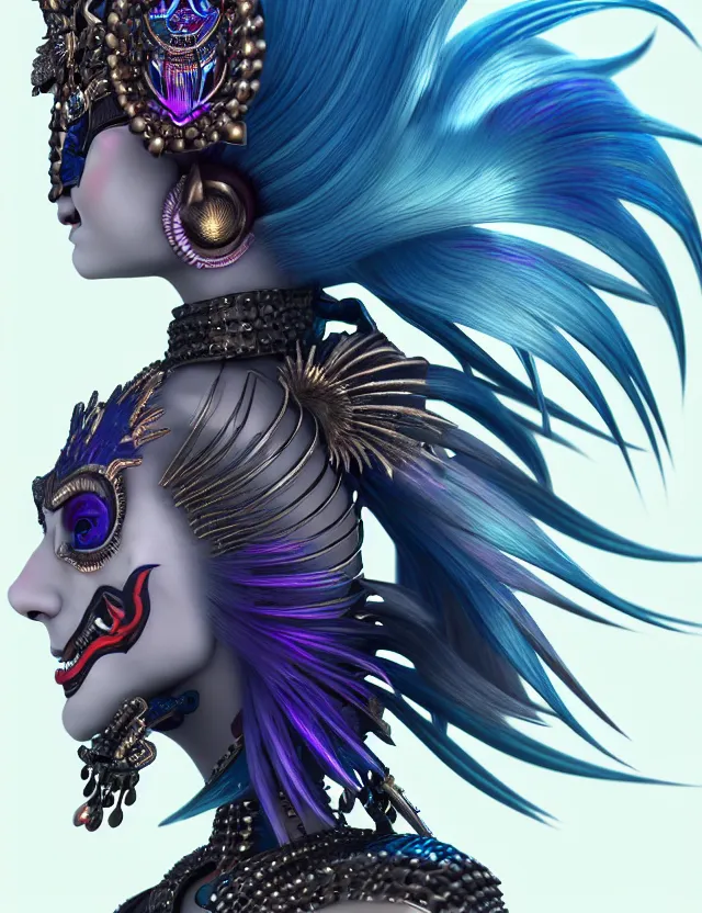 Image similar to 3 d goddess close - up profile portrait punk with mohawk with ram skull. beautiful intricately detailed japanese crow kitsune mask and clasical japanese kimono. betta fish, jellyfish phoenix, bio luminescent, plasma, ice, water, wind, creature, artwork by tooth wu and wlop and beeple and greg rutkowski