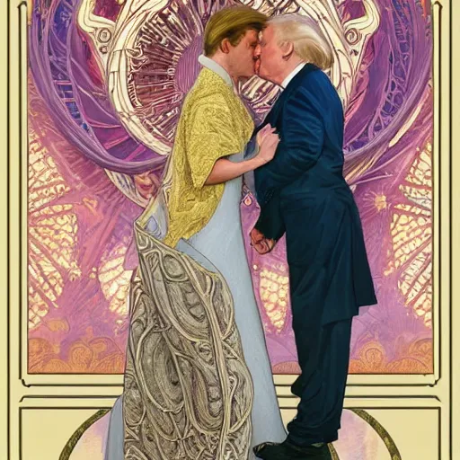 Image similar to donald trump kissing joe biden | highly detailed | very intricate | art nouveau | gold filigree | romantic storybook fantasy | soft cinematic lighting | award - winning | disney watercolor illustration by mandy jurgens and alphonse mucha and alena aenami | pastel color palette | featured on artstation