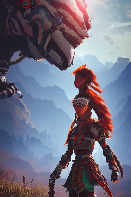 Image similar to combination suit armor aloy horizon forbidden west horizon zero dawn radiating a glowing aura global illumination ray tracing hdr fanart arstation by ian pesty and alena aenami artworks in 4 k tribal robot ninja mask helmet backpack