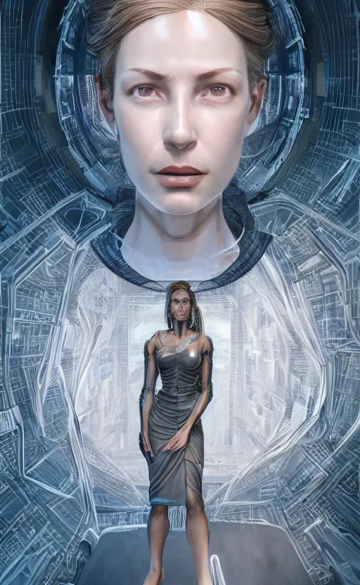 Image similar to Female in office dress, hyperrealistic mixed media, stunning 3d render inspired art by P. Craig Russell and Barry Windsor-Smith + perfect facial symmetry + dim volumetric lighting, 8k octane beautifully detailed render, post-processing, extremely hyperdetailed, intricate futuristic mechanic parts, epic composition, grim yet sparkling atmosphere, cinematic lighting + masterpiece, trending on artstation