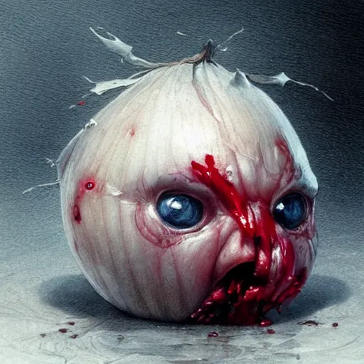 Prompt: sad onion with realistic human eyes crying blood , dark surrealism, Greg Rutkowski