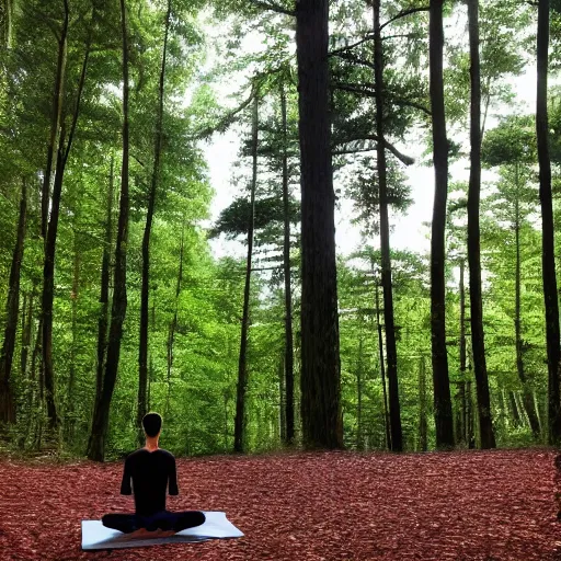 Prompt: meditator in the woods with tall trees, in style of Tomas Sanchez