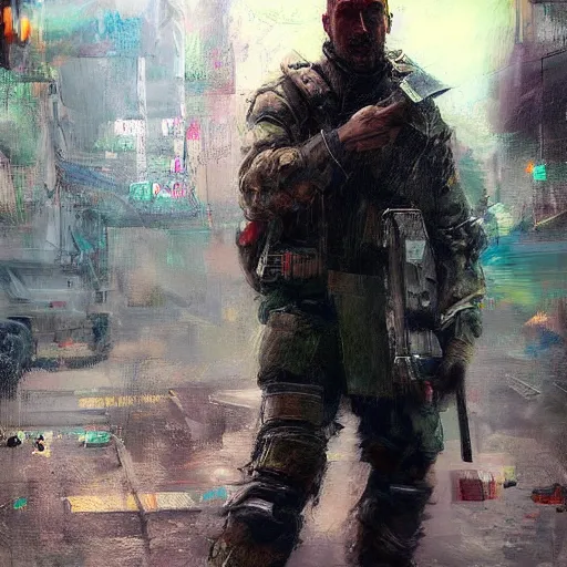 Prompt: a realistic hyperdetailed multi - colored digital oil full body portrait painting of a man playing warzone outside at a restaurant, beer in hand, in the style of guy denning, ruan jia, and craig mullins. trending on artstation and deviantart. cgsociety digital art.