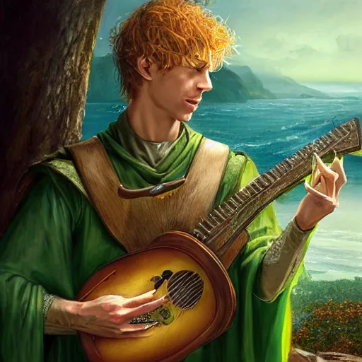 Image similar to kvothe playing his lute serenading the sunset, huntsman, medieval, green cape, by Aleksi Briclot