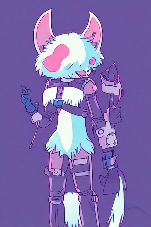 Prompt: a cute cyberpunk anthropomorphic wolf with light blue fur and a fluffy tail, comic art, trending on furaffinity, cartoon, kawaii, backlighting, furry art!!!, cel shading, concept art, lineless