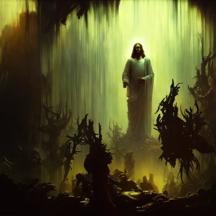 Prompt: the second coming of jesus christ, intricate concept art, ethereal, ominous, dramatic lighting, Ruan Jia and Jeremy Mann and Alphonse Mucha