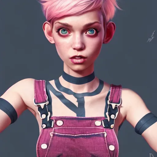 Image similar to full body pose, pixar, beautiful androgynous girl, pink pixie cut hair, torn overalls, short shorts, combat boots, fishnets, beautiful, highly detailed face, true anatomy!, extremely detailed!, digital painting, unreal engine 5, art by tom bagshaw