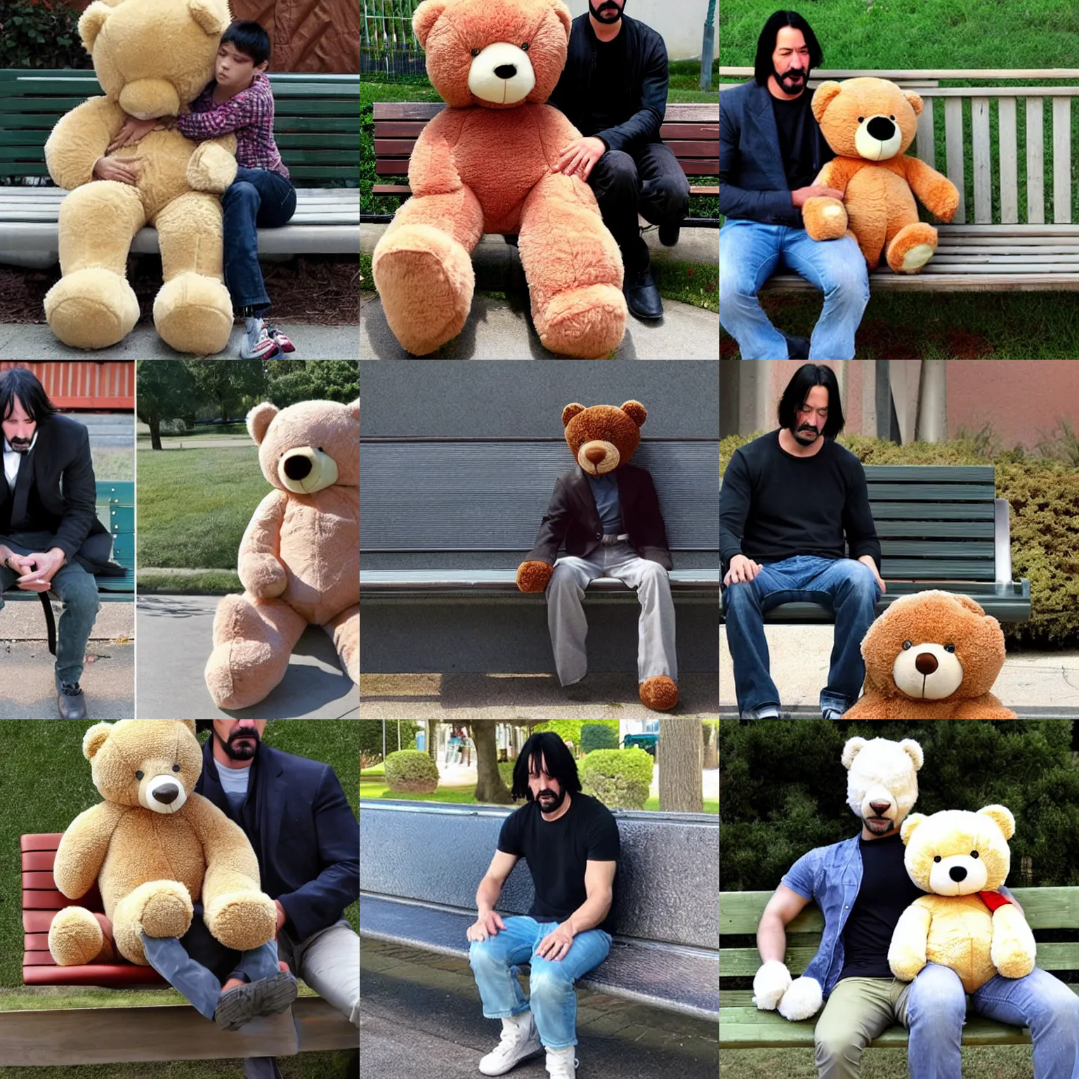 Prompt: sad keanu sitting on bench with huge stuffed teddybear