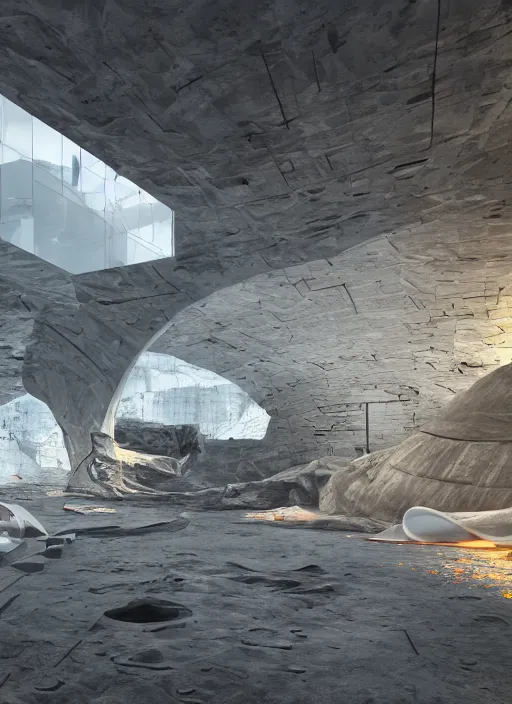 Image similar to art exhibition, architecture installation in biennale venezia, bioremediation white mining tailing futuristic horizontal architecture, epic, cinematic, hyperealistic, high detailed, corona render, hdr, ray tracing