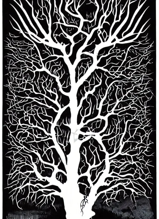 Image similar to gnarled tree of life on white background with white space around the tree, art by james o barr and albrecht durer, woodblock print, engraved, black and white, vector, vector art