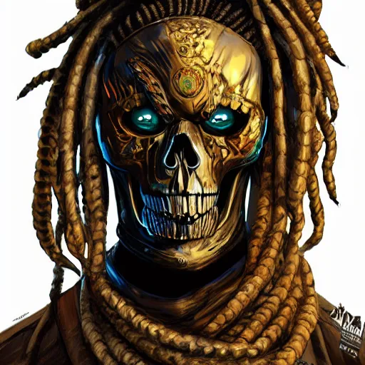 Prompt: a golden skull face african warrior with dreadlocks, Apex Legends character digital illustration portrait design, by android jones, detailed, cinematic lighting, wide angle action dynamic portrait