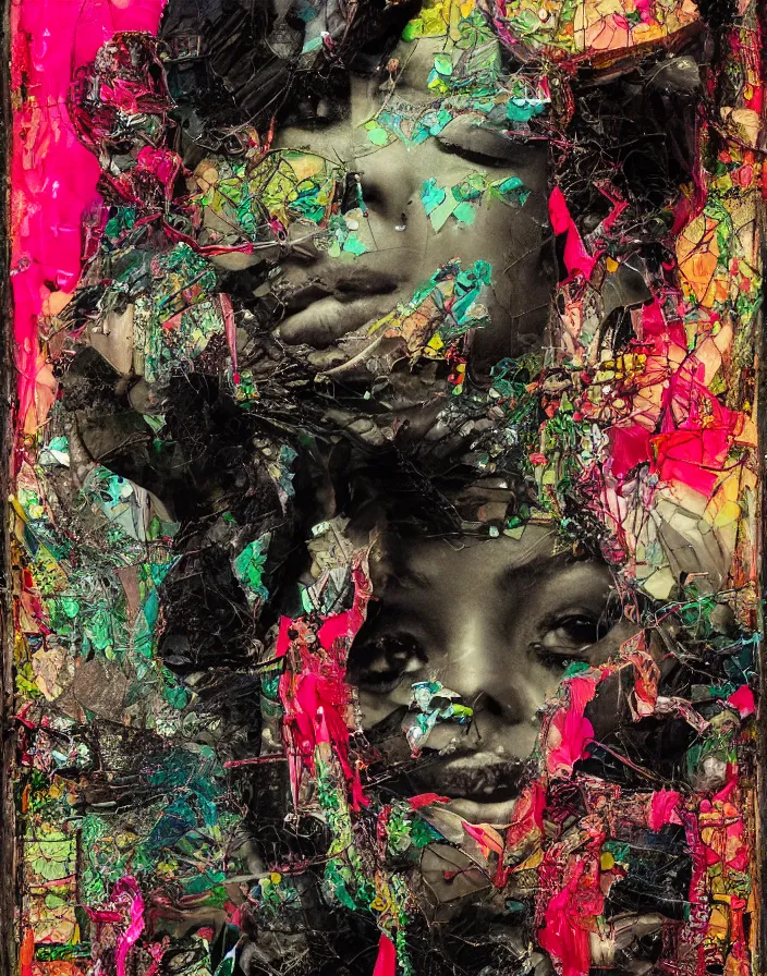 Prompt: neon japaneese nymphomaniac, mixed media collage, assemblage, photomontage, minimalist, contemporary art, punk art, photorealistic, portrait, expressionism, masterpiece, dynamic composition, spectacular quality, intricate oil details, shattered glass texture, chains, smoke, harmonic colors