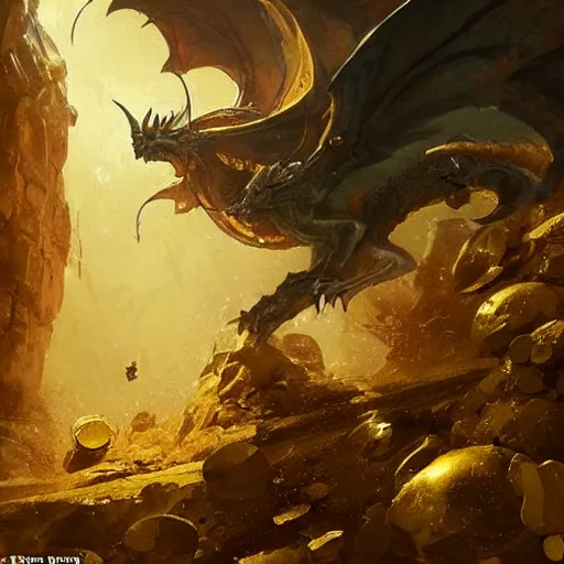Prompt: a halfling ranger riding a golden dragon in an underground chamber, piles of gold coins scattered around the floor, fantasy painting by greg rutkowski