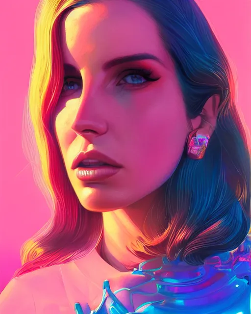 Image similar to portrait of lana del rey as a cyborg. realist abstract. key art. blue, pink, intricate artwork. by tooth wu, wlop, beeple, dan mumford. 8 k octane render, trending on artstation, greg rutkowski very coherent symmetrical artwork. cinematic, hyperrealism, very detailed, iridescent accents