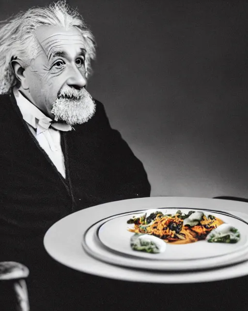 Prompt: a portrait of albert einstein sitting at the dining table with a plate containing manchurian in front of him, highly detailed, trending on artstation, bokeh, 9 0 mm, f / 1. 4