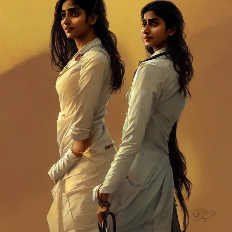 Image similar to Anxious pretty young Indian doctor in modern clothes waiting at the airport, portrait, sci-fi face, elegant, highly detailed, digital painting, artstation, concept art, smooth, sharp focus, illustration, art by artgerm and greg rutkowski and alphonse mucha