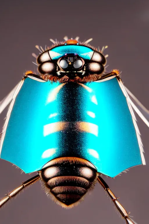 Image similar to high quality macro robot metallic tachinid fly! gorgeous highly detailed hannah yata elson peter cinematic turquoise lighting high quality low angle hd 8k sharp shallow depth of field