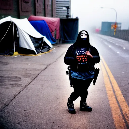 Image similar to Cinestill 50d candid extreme wide shot of a poor techwear mixed woman wearing makeup crying outside of a futuristic city on fire, cyberpunk, tattoos, homeless tents on the side of the road, military police, extreme long shot, desaturated, full shot, action shot, blurry, 4k, 8k, hd, full color