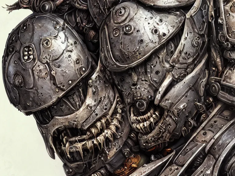 Prompt: portrait art of 8k ultra realistic undead space marine, eldritch horror, detailed intricate ornate armour,decaying, cybernetic, full of colour, cinematic lighting, battered, trending on artstation, 4k, hyperrealistic, focused, extreme details,unreal engine 5, cinematic, masterpiece, art by ayami kojima, giger