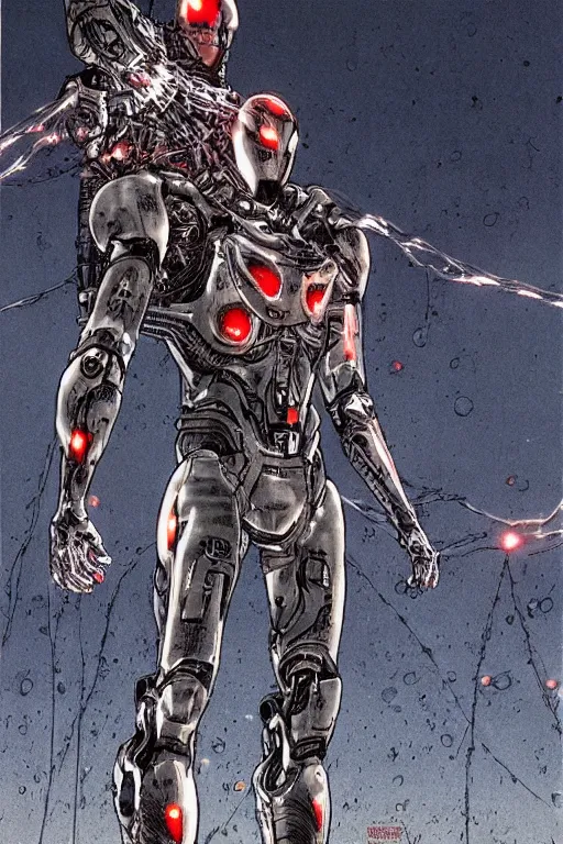 Prompt: powerful soldier wearing a crynet nanosuit, at dusk, a color illustration by tsutomu nihei, tetsuo hara and katsuhiro otomo