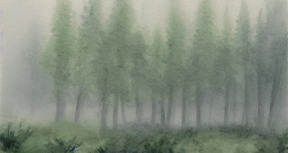 Prompt: watercolor painting of a forest in the fog by the ocean, peaceful,