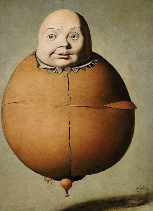 Prompt: full body detailed painting of silly round humpty dumpty with jack black facial expression, realistic, hieronymus bosch