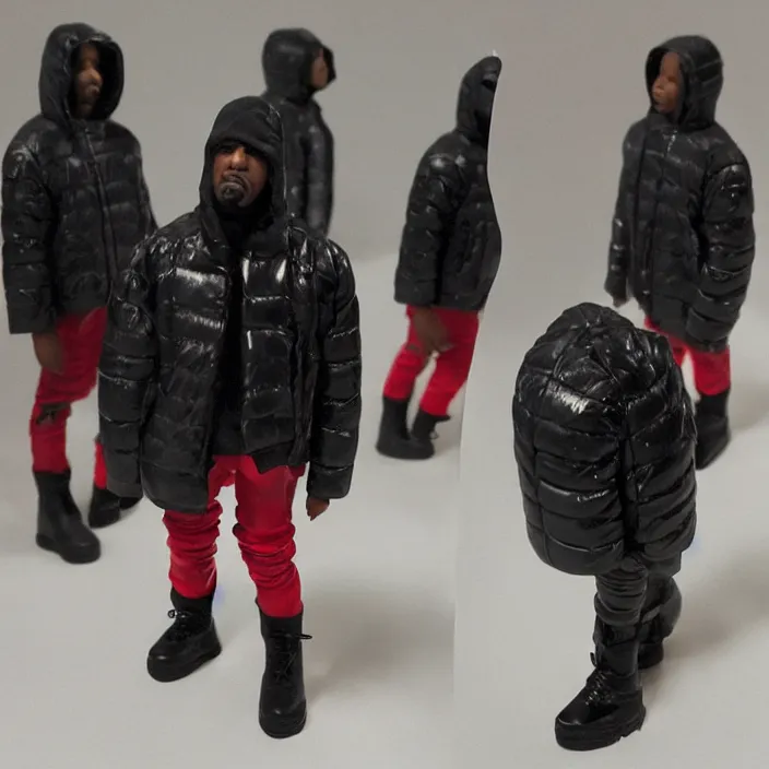 Image similar to kanye west, a goodsmile figure of kanye west using a full face covering black mask, a small, tight, undersized reflective bright red round puffer jacket made of nylon, dark jeans pants and big black balenciaga rubber boots, figurine, detailed product photo