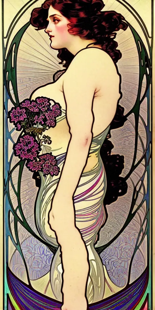 Prompt: the source of future growth dramatic, elaborate emotive Art Nouveau styles to emphasise beauty as a transcendental, seamless pattern, symmetrical, large motifs, hyper realistic, 8k image, 3D, supersharp, Flowing shiny rainbow silk cloth, Art nouveau curves and swirls, beautiful plus size model woman in style of Alphonse Mucha, glossy iridescent and black and lustrous gold colors , perfect symmetry, iridescent, High Definition, sci-fi, Octane render in Maya and Houdini, light, shadows, reflections, photorealistic, masterpiece, smooth gradients, no blur, sharp focus, photorealistic, insanely detailed and intricate, cinematic lighting, Octane render, epic scene, 8K