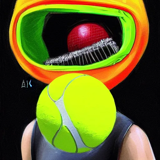 Image similar to a tennis ball monster with a tennis racquet, bust shot, balaclava, face covered, smooth, intricate, elegant, power aura, digital painting, artstation, concept art, sharp focus, illustration, art by basil gogos - h 6 4 0