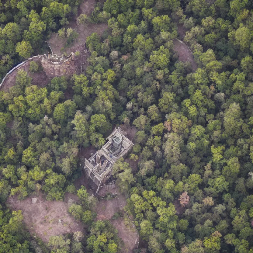 Prompt: aerial view of wizard's tower, photograph, 8 k