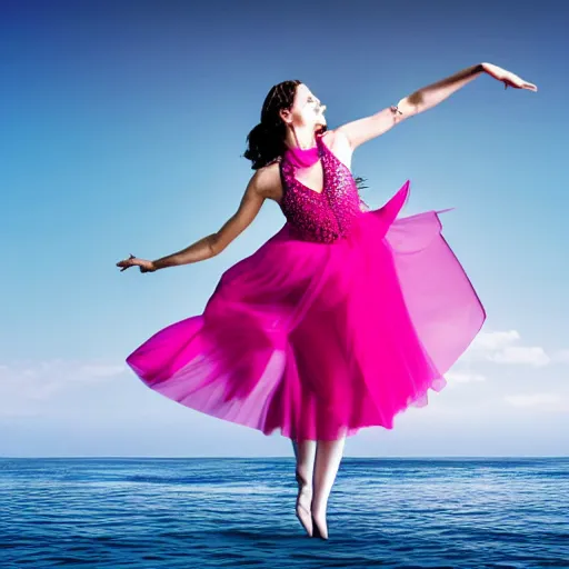 Image similar to a woman dancing over the ocean, beautiful, surreal dress