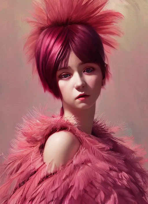 Image similar to beautiful young girl with an pink eccentric haircut wearing an dress made of feathers, artwork made by ilya kuvshinov, inspired in donato giancola, hd, ultra realistic, reflection, stage