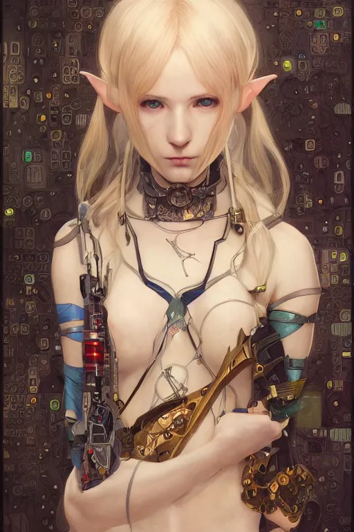 Image similar to portrait of beautiful young elf, cyberpunk, Warhammer, highly detailed, artstation, illustration, art by Gustav Klimt and Range Murata and Ilya Kuvshinov and Sakimichan