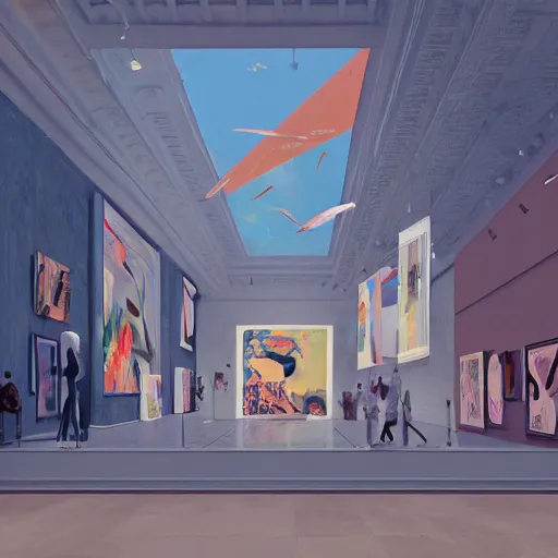 Image similar to illustration of modern art gallery, where there is a lot of painting displayed from various artist, very fashion, octane render, displayed on the walls, by Victo Ngai and James Gilleard and Bruce Pennington