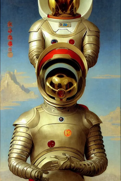 Prompt: portrait of a astronaut is a chinese dragon in armor and helmet, majestic, solemn, by bouguereau