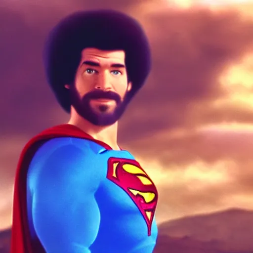 Image similar to a still of bob ross as superman, cinematic lighting. 4 k.