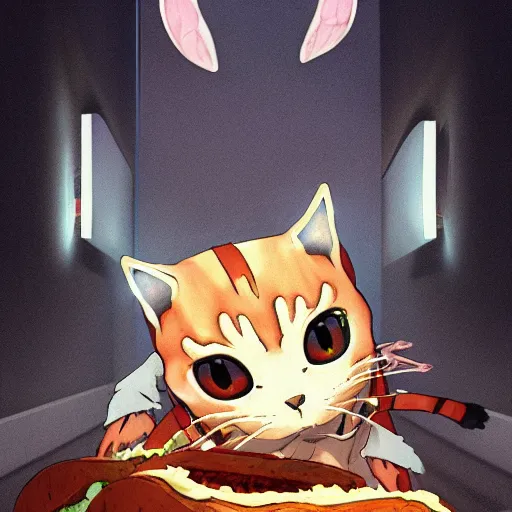 Image similar to feared cat running away from the giant carnivorous sandwich, artstation hq, dark phantasy, stylized, symmetry, modeled lighting, detailed, expressive, true unsimulated emotions, created by hayao miyazaki