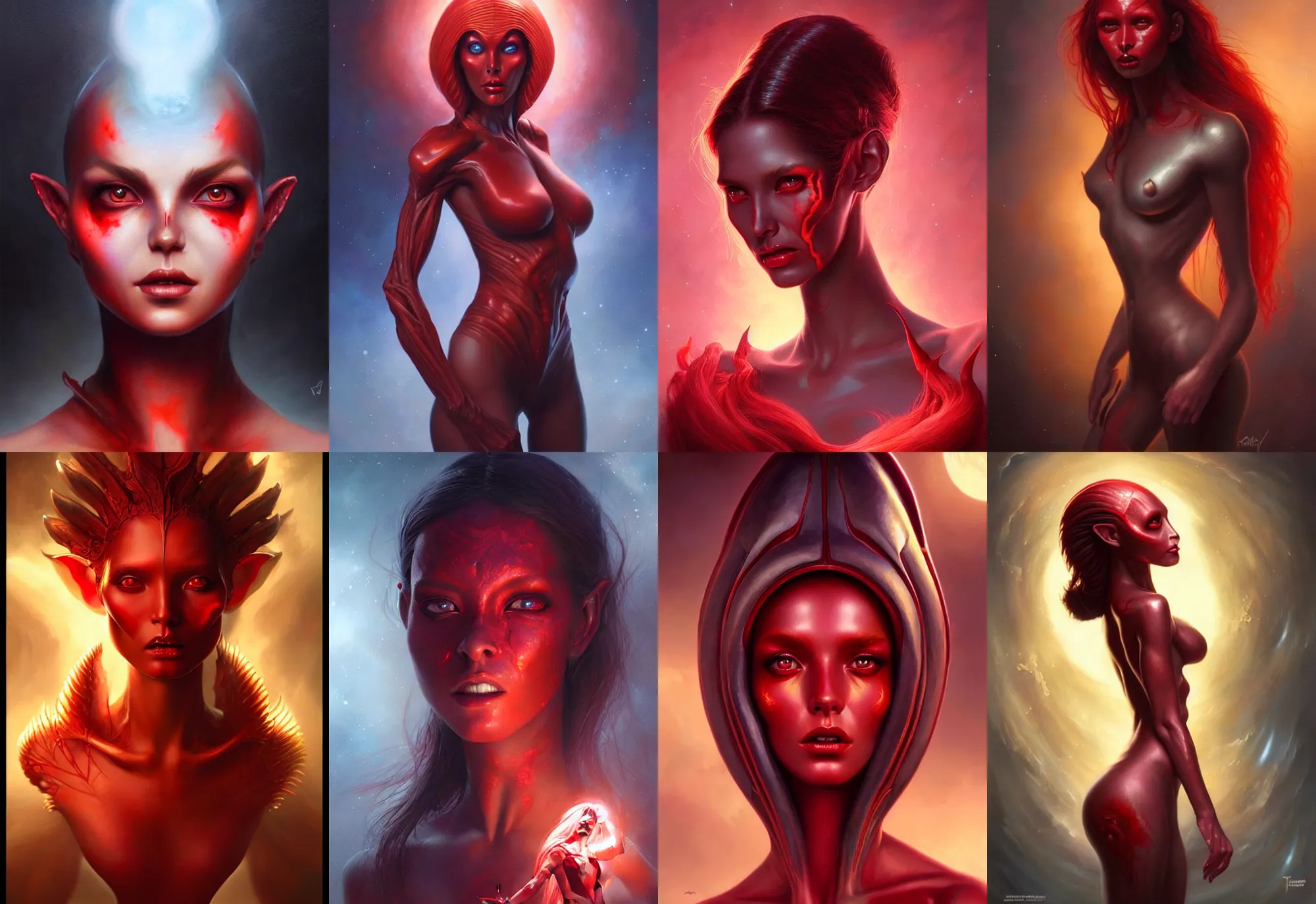 Prompt: a beautiful alien woman with red skin, painted by artgerm and tom bagshaw, fantasy art, dramatic lighting, highly detailed oil painting