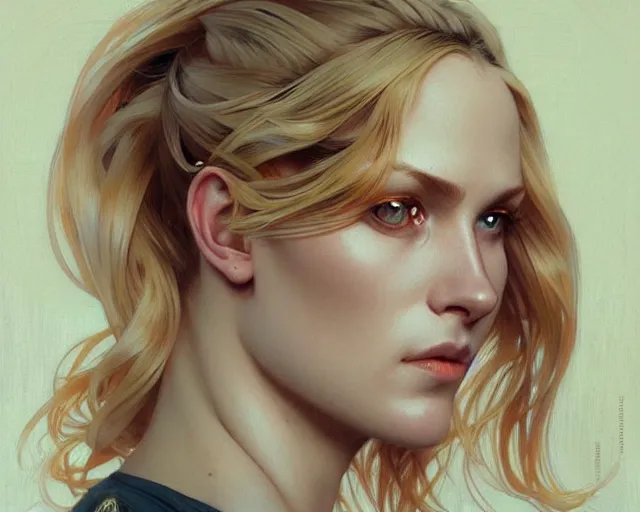 Image similar to portrait of blonde girl with mutiple heads, jump suit, vivid eyes, real life skin, intricate, elegant, highly detailed, artstation, concept art, smooth, sharp focus, art by artgerm and greg rutkowski and alphonse mucha