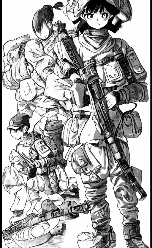 Prompt: manga, monochromatic, toriyama akira, soldier girl character, sandbags, soldier clothing