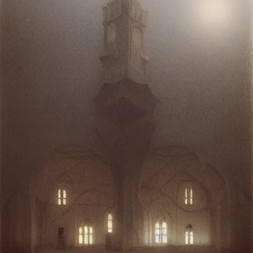 Image similar to a big mosque in a Village, horror, fog, foster, highly detailed, one house, fear, hyper realistic, atmospheric lighting, beksinski