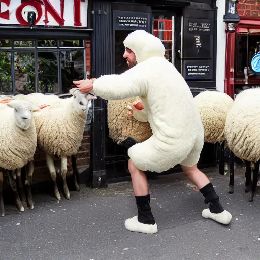 Image similar to man in sheep costume fighting outside a british pub