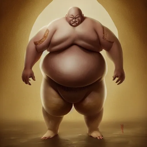 Image similar to Bald Giant Sumo beastly Samurai with an egg growing from his stomach, Digital, dark, fantasy, character, arstation by Bastien Lecouffe-Deharme, Balaskas, Christopher