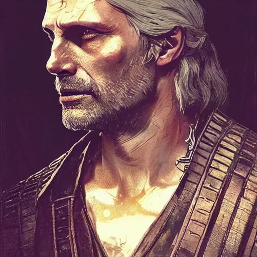 Prompt: mads mikkelsen as the Witcher from the witcher 3, beautiful, intricate, highly detailed, digital painting, artstation, oppressive lighting, fashion concept art, sharp focus, illustration, art by greg rutkowski and alphonse mucha