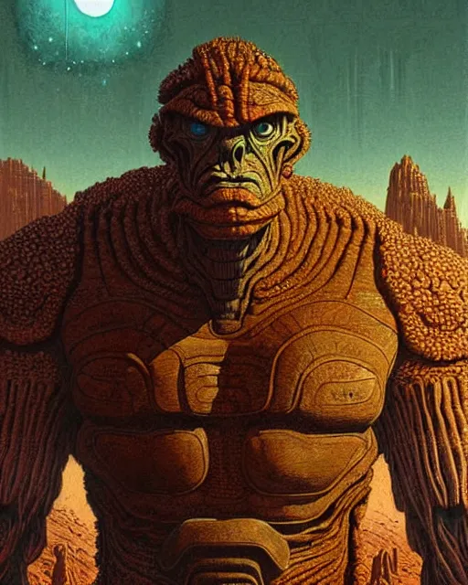 Image similar to portrait giant colossus humanoid with his fist up, brown armor, background ancient alien landscape, low angle, close up, concept art, intricate details, highly detailed, vintage sci - fi poster, retro future, vintage sci - fi art, in the style of chris foss, rodger dean, moebius, michael whelan, and gustave dore