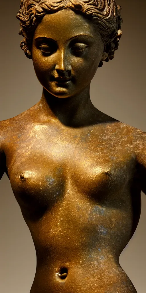 Image similar to detailed photo of an old bronze patina statue of a beautiful aphrodite nymphea portrait, intricate detail, museum diffuse lighting