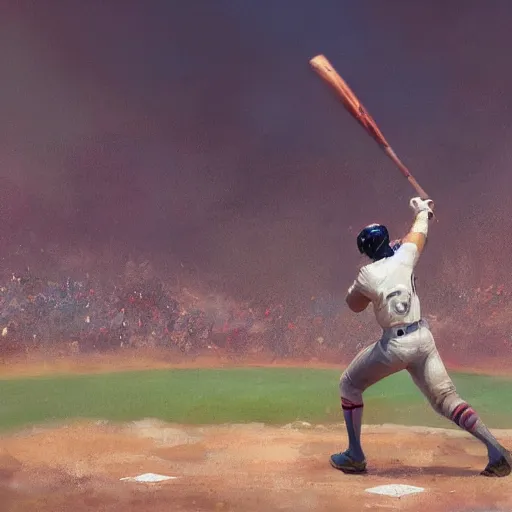 Image similar to baseball player hitting the ball with the baseball bat in the middle of the game and in front of everyone in the stadium, james gurney painting style, greg rutkowski, artstation